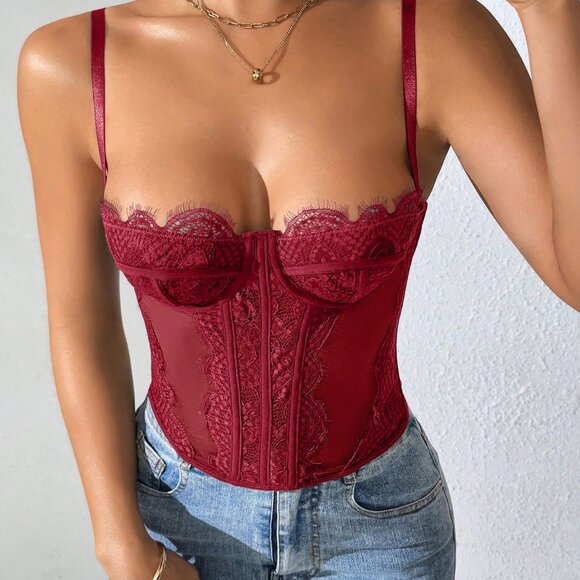 Burgundy Elegant Sexy Women's Bodycon Lace Trim Bustier Top - Picture 6 of 11
